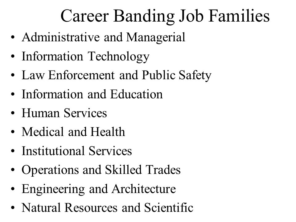 Career Banding Job Families Administrative and Managerial Information Technology Law Enforcement and Public Safety Information and Education Human Services Medical and Health Institutional Services Operations and Skilled Trades Engineering and Architecture Natural Resources and Scientific
