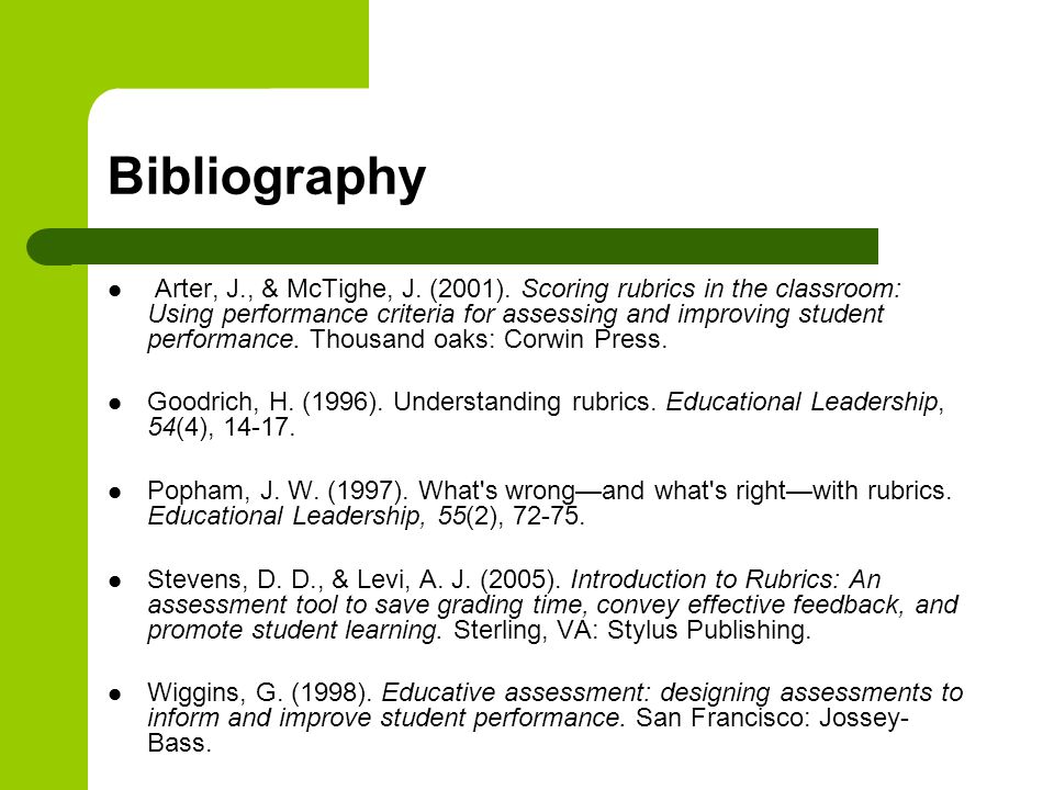 Bibliography Arter, J., & McTighe, J. (2001).
