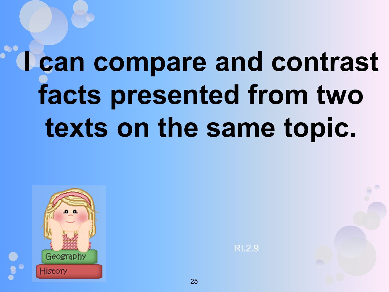 I can compare and contrast facts presented from two texts on the same topic. RI