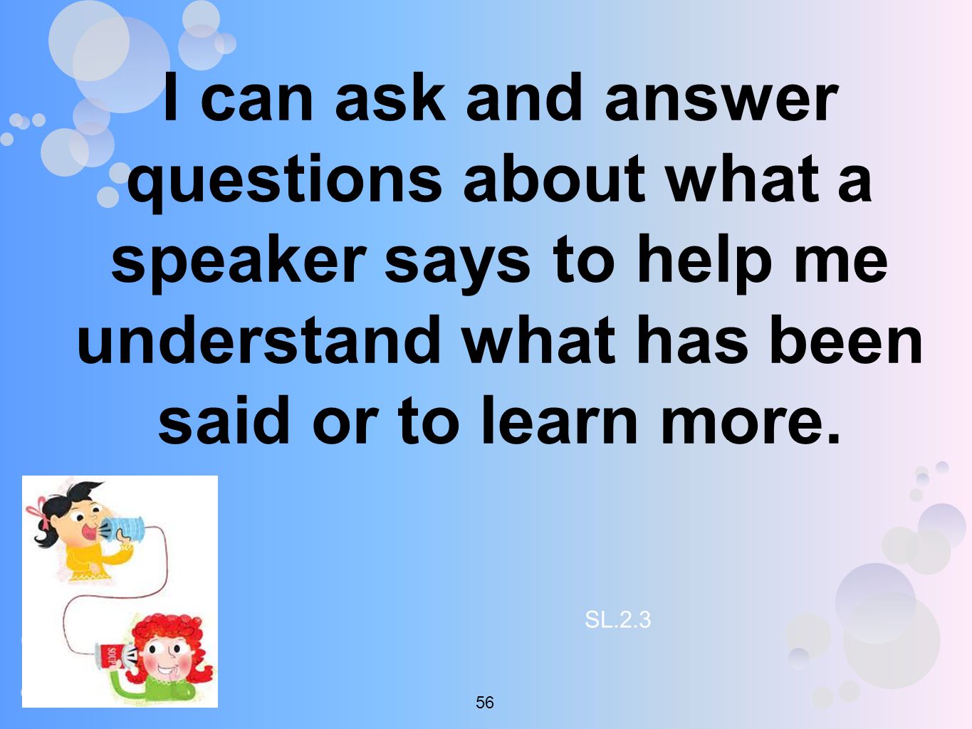 I can ask and answer questions about what a speaker says to help me understand what has been said or to learn more.