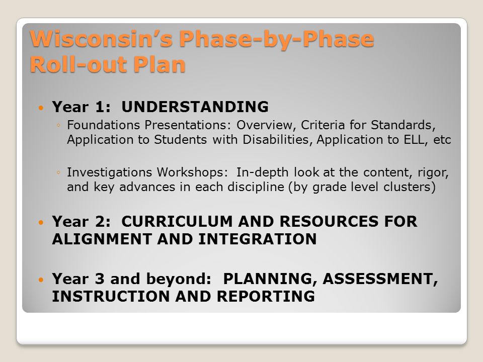 Wisconsin’s Phase-by-Phase Roll-out Plan Year 1: UNDERSTANDING ◦Foundations Presentations: Overview, Criteria for Standards, Application to Students with Disabilities, Application to ELL, etc ◦Investigations Workshops: In-depth look at the content, rigor, and key advances in each discipline (by grade level clusters) Year 2: CURRICULUM AND RESOURCES FOR ALIGNMENT AND INTEGRATION Year 3 and beyond: PLANNING, ASSESSMENT, INSTRUCTION AND REPORTING