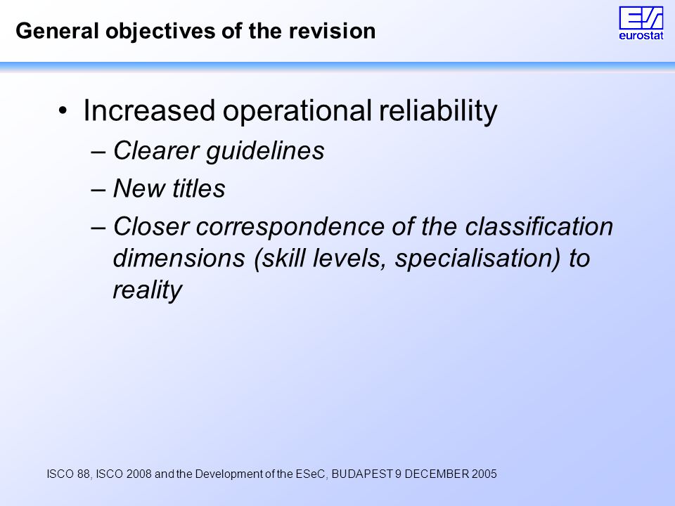 ISCO 88, ISCO 2008 and the Development of the ESeC, BUDAPEST 9 DECEMBER 2005 General objectives of the revision Increased operational reliability –Clearer guidelines –New titles –Closer correspondence of the classification dimensions (skill levels, specialisation) to reality