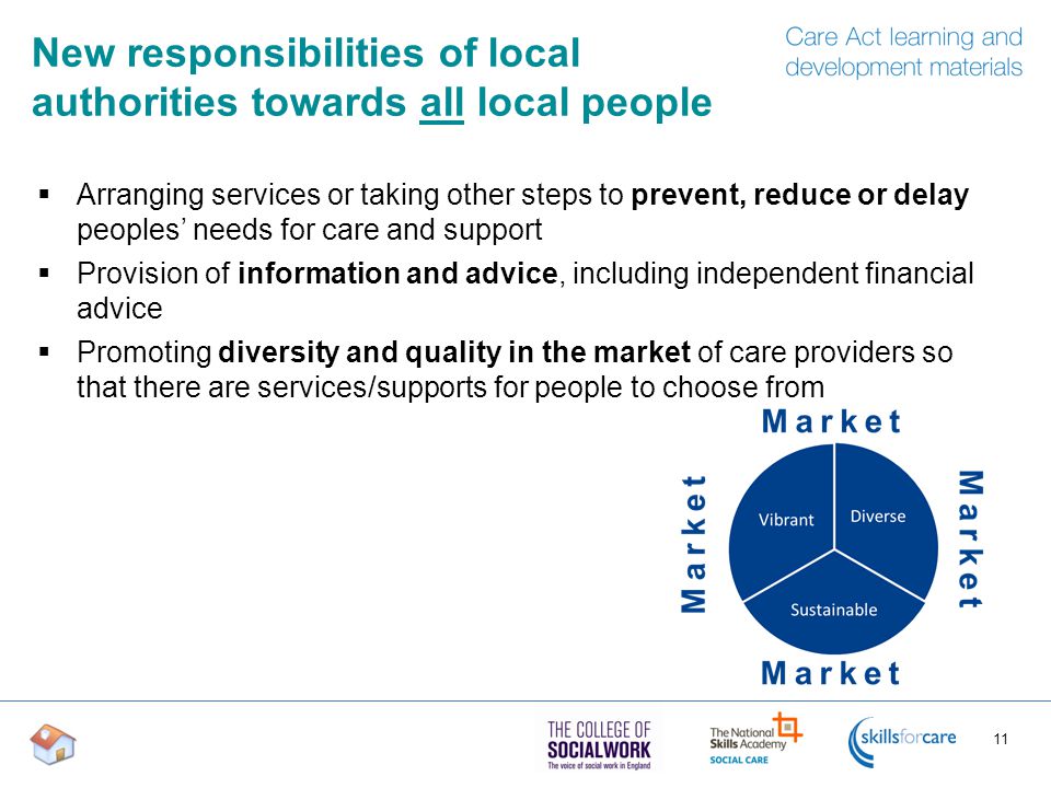 New responsibilities of local authorities towards all local people  Arranging services or taking other steps to prevent, reduce or delay peoples’ needs for care and support  Provision of information and advice, including independent financial advice  Promoting diversity and quality in the market of care providers so that there are services/supports for people to choose from 11