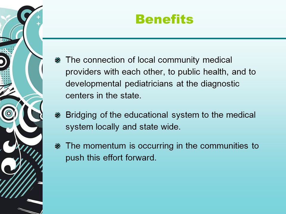 The connection of local community medical providers with each other, to public health, and to developmental pediatricians at the diagnostic centers in the state.