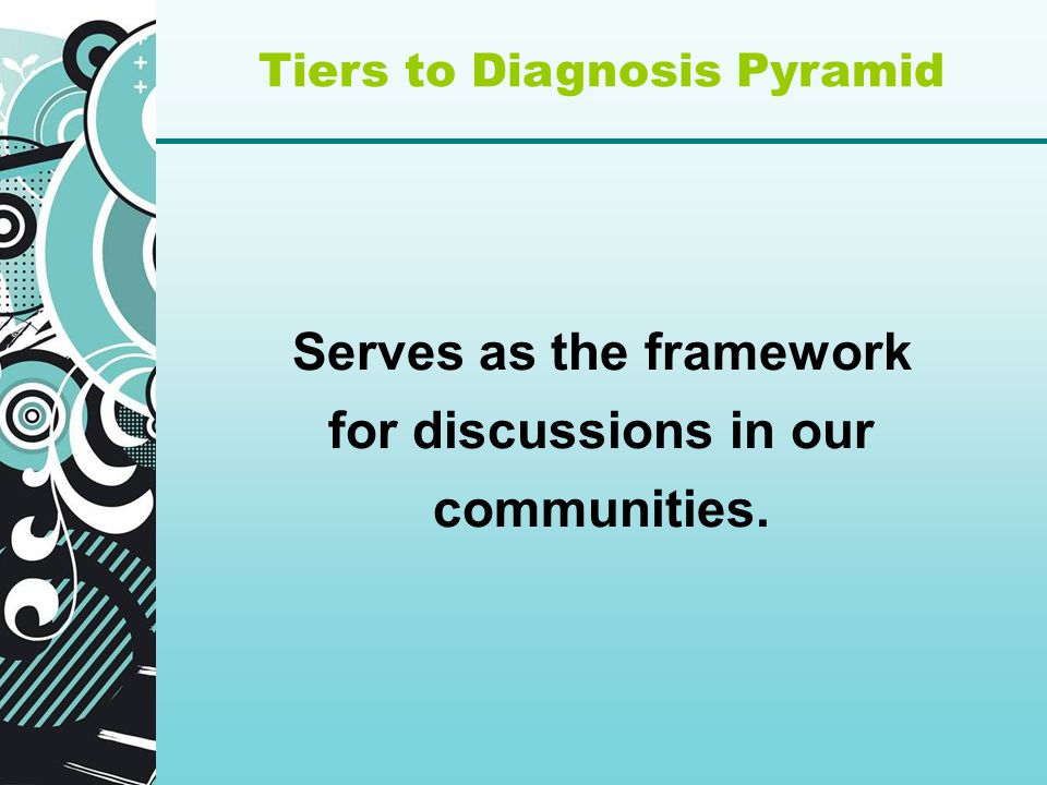 Serves as the framework for discussions in our communities. Tiers to Diagnosis Pyramid