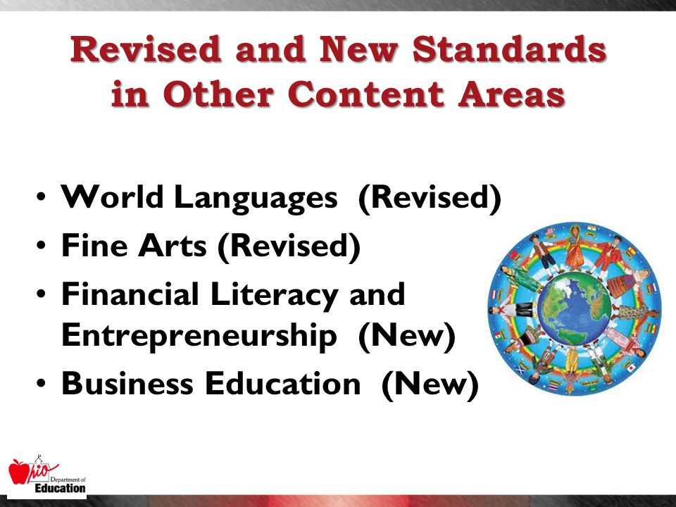 Revised and New Standards in Other Content Areas World Languages (Revised) Fine Arts (Revised) Financial Literacy and Entrepreneurship (New) Business Education (New)