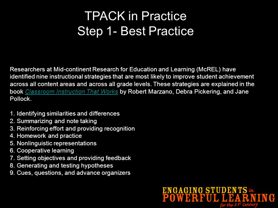 TPACK in Practice Step 1- Best Practice Researchers at Mid-continent Research for Education and Learning (McREL) have identified nine instructional strategies that are most likely to improve student achievement across all content areas and across all grade levels.