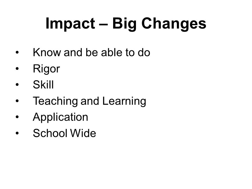 Impact – Big Changes Know and be able to do Rigor Skill Teaching and Learning Application School Wide