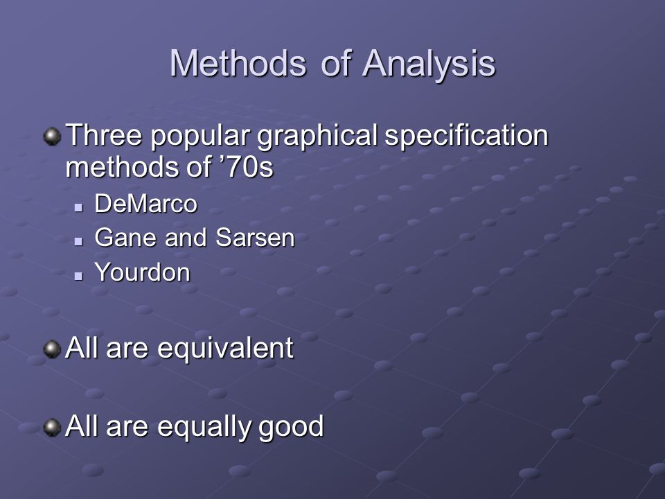 Methods of Analysis Three popular graphical specification methods of ’70s DeMarco DeMarco Gane and Sarsen Gane and Sarsen Yourdon Yourdon All are equivalent All are equally good