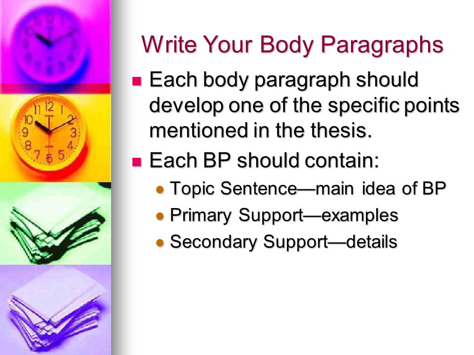 Write Your Body Paragraphs Each body paragraph should develop one of the specific points mentioned in the thesis.