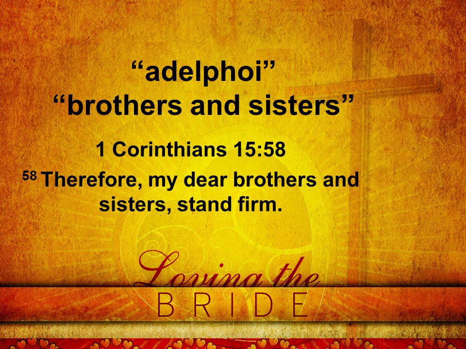 adelphoi brothers and sisters 1 Corinthians 15:58 58 Therefore, my dear brothers and sisters, stand firm.