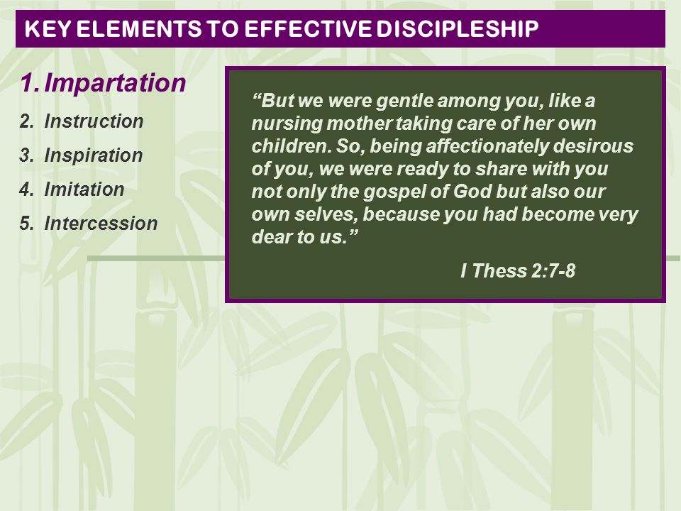 KEY ELEMENTS TO EFFECTIVE DISCIPLESHIP 1.Impartation 2.Instruction 3.Inspiration 4.Imitation 5.Intercession But we were gentle among you, like a nursing mother taking care of her own children.