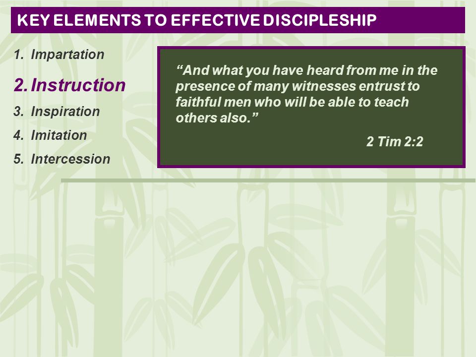 KEY ELEMENTS TO EFFECTIVE DISCIPLESHIP 1.Impartation 2.Instruction 3.Inspiration 4.Imitation 5.Intercession And what you have heard from me in the presence of many witnesses entrust to faithful men who will be able to teach others also. 2 Tim 2:2