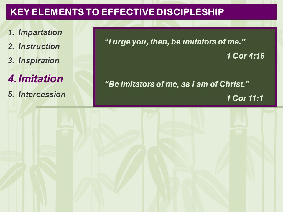KEY ELEMENTS TO EFFECTIVE DISCIPLESHIP 1.Impartation 2.Instruction 3.Inspiration 4.Imitation 5.Intercession I urge you, then, be imitators of me. 1 Cor 4:16 Be imitators of me, as I am of Christ. 1 Cor 11:1