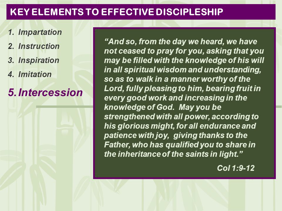 KEY ELEMENTS TO EFFECTIVE DISCIPLESHIP 1.Impartation 2.Instruction 3.Inspiration 4.Imitation 5.Intercession And so, from the day we heard, we have not ceased to pray for you, asking that you may be filled with the knowledge of his will in all spiritual wisdom and understanding, so as to walk in a manner worthy of the Lord, fully pleasing to him, bearing fruit in every good work and increasing in the knowledge of God.