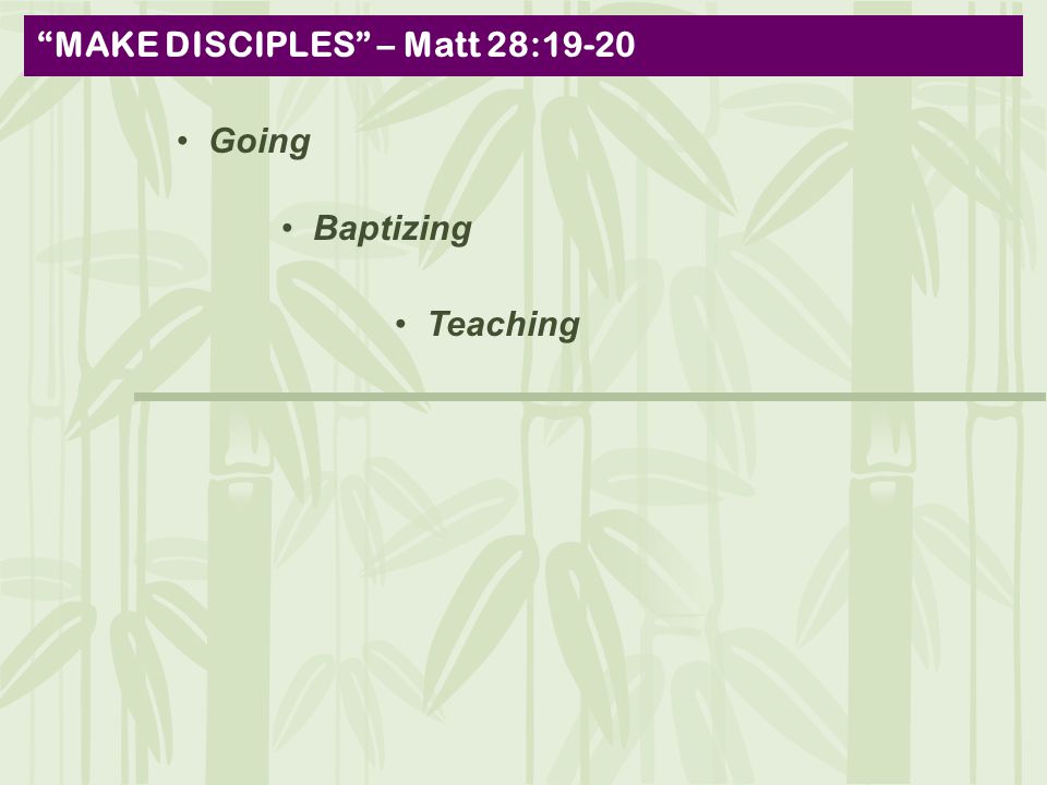 MAKE DISCIPLES – Matt 28:19-20 Going Baptizing Teaching