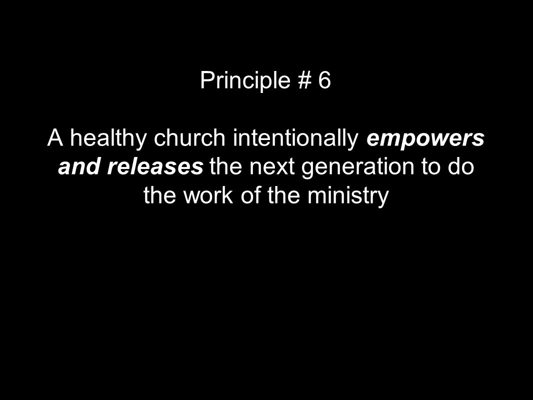 Principle # 6 A healthy church intentionally empowers and releases the next generation to do the work of the ministry