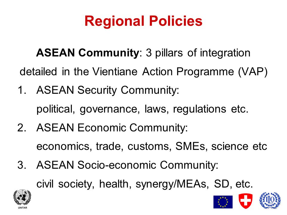 11 Regional Policies ASEAN Community: 3 pillars of integration detailed in the Vientiane Action Programme (VAP) 1.ASEAN Security Community: political, governance, laws, regulations etc.