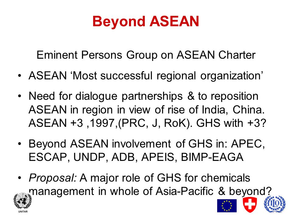 15 Beyond ASEAN Eminent Persons Group on ASEAN Charter ASEAN ‘Most successful regional organization’ Need for dialogue partnerships & to reposition ASEAN in region in view of rise of India, China.