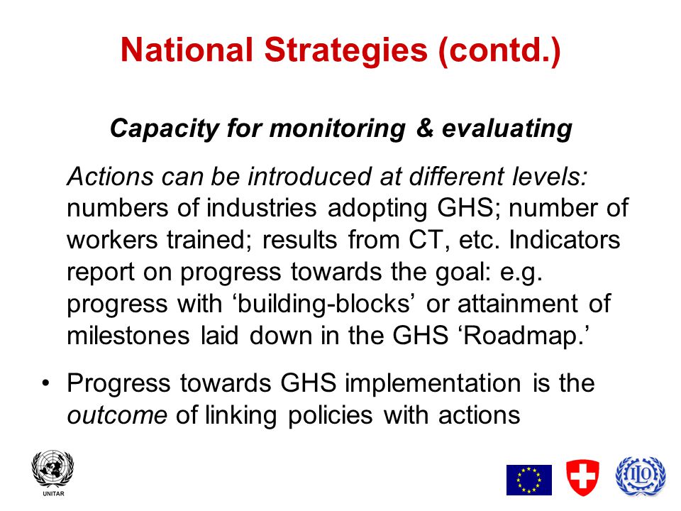 8 National Strategies (contd.) Capacity for monitoring & evaluating Actions can be introduced at different levels: numbers of industries adopting GHS; number of workers trained; results from CT, etc.