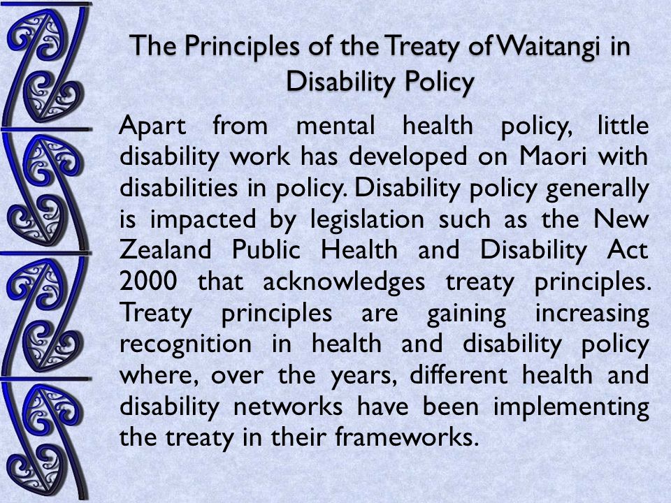 The Principles of the Treaty of Waitangi in Disability Policy Apart from mental health policy, little disability work has developed on Maori with disabilities in policy.