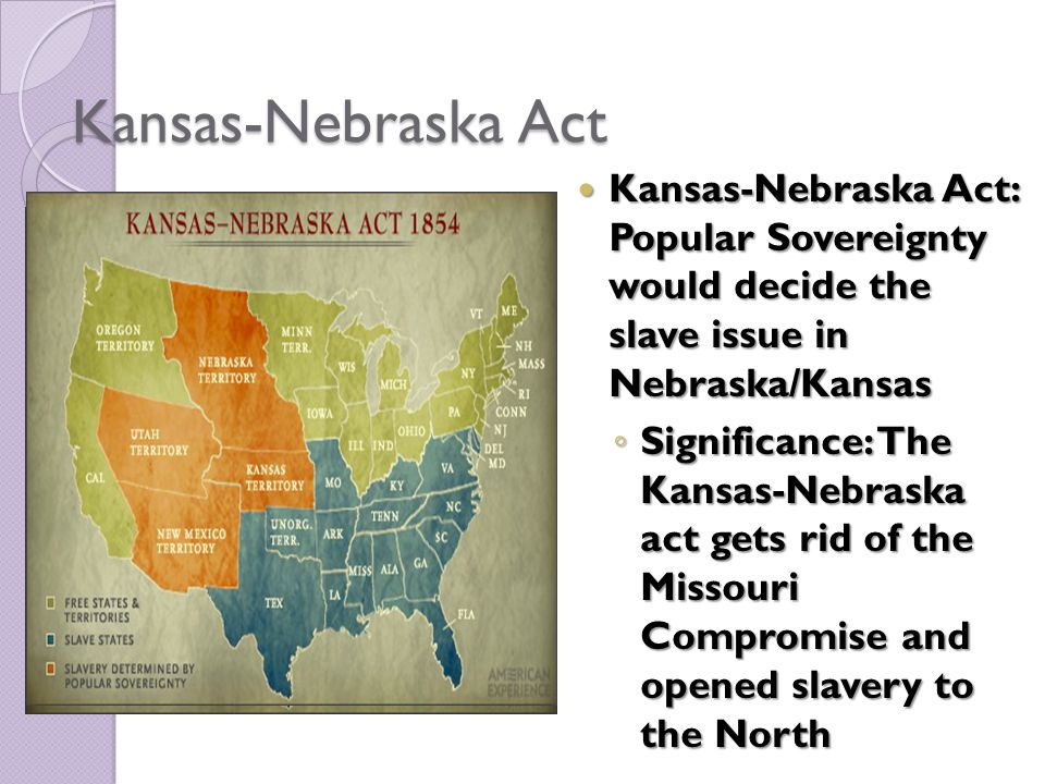 Kansas-Nebraska Act Kansas-Nebraska Act: Popular Sovereignty would decide the slave issue in Nebraska/Kansas Kansas-Nebraska Act: Popular Sovereignty would decide the slave issue in Nebraska/Kansas ◦ Significance: The Kansas-Nebraska act gets rid of the Missouri Compromise and opened slavery to the North
