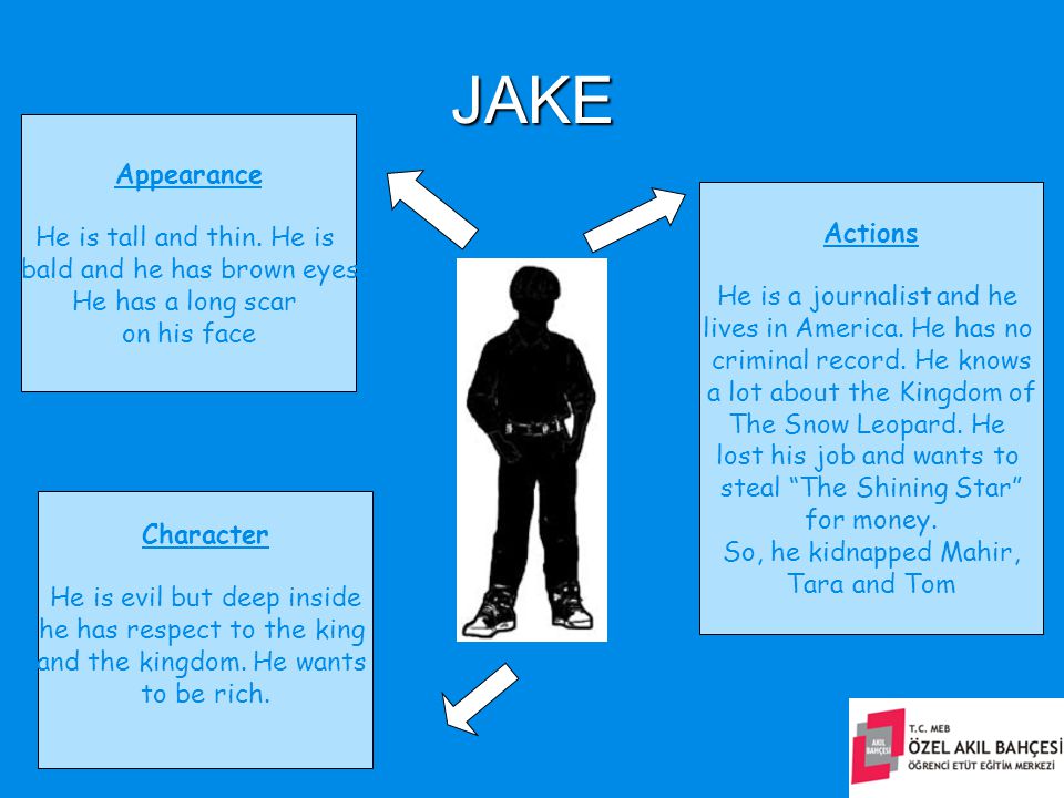 JAKE Appearance He is tall and thin. He is bald and he has brown eyes.