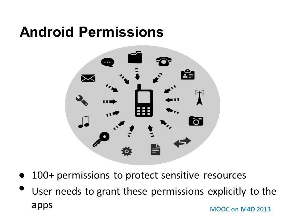 Android Permissions ● 100+ permissions to protect sensitive resources User needs to grant these permissions explicitly to the apps MOOC on M4D 2013
