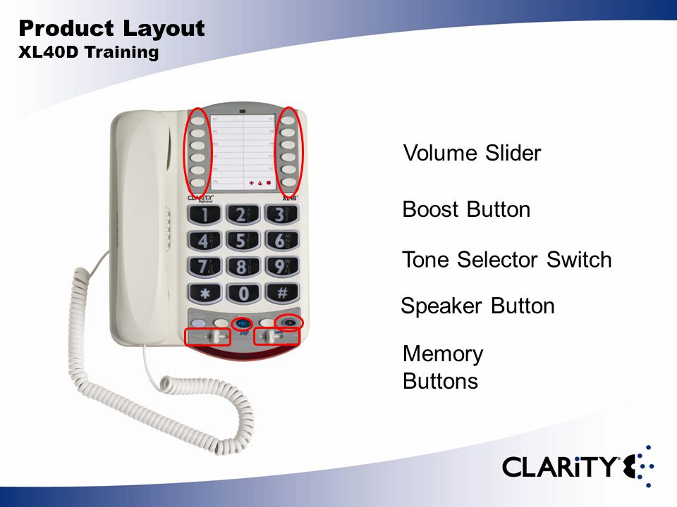 Product Layout XL40D Training Boost Button Tone Selector Switch Volume Slider Memory Buttons Speaker Button