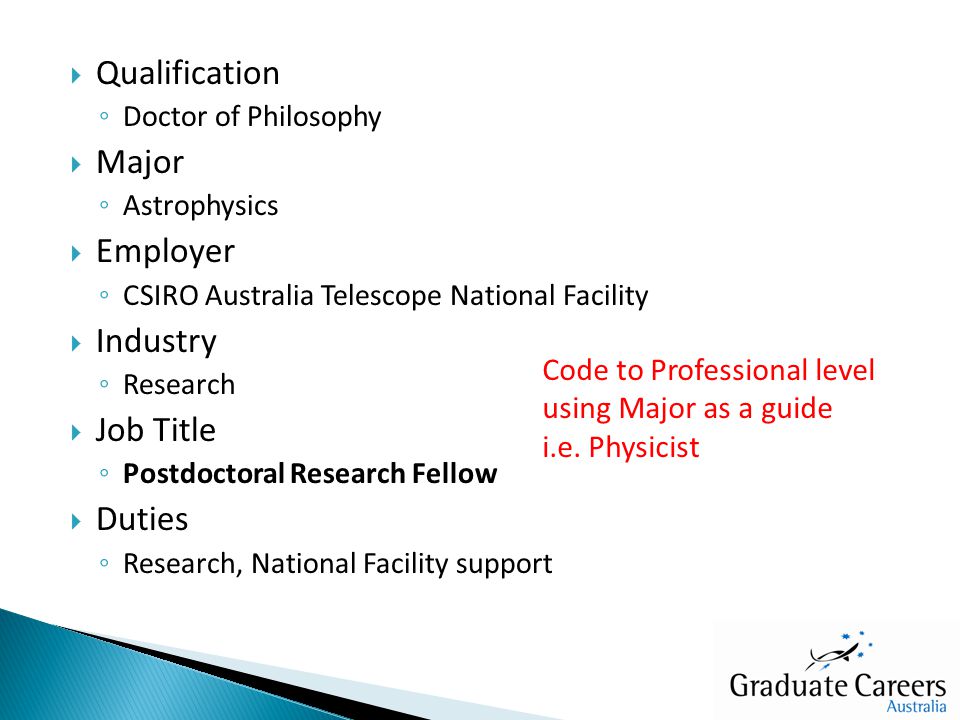  Qualification ◦ Doctor of Philosophy  Major ◦ Astrophysics  Employer ◦ CSIRO Australia Telescope National Facility  Industry ◦ Research  Job Title ◦ Postdoctoral Research Fellow  Duties ◦ Research, National Facility support Code to Professional level using Major as a guide i.e.