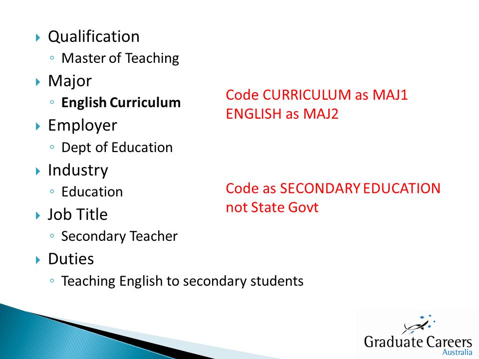  Qualification ◦ Master of Teaching  Major ◦ English Curriculum  Employer ◦ Dept of Education  Industry ◦ Education  Job Title ◦ Secondary Teacher  Duties ◦ Teaching English to secondary students Code CURRICULUM as MAJ1 ENGLISH as MAJ2 Code as SECONDARY EDUCATION not State Govt