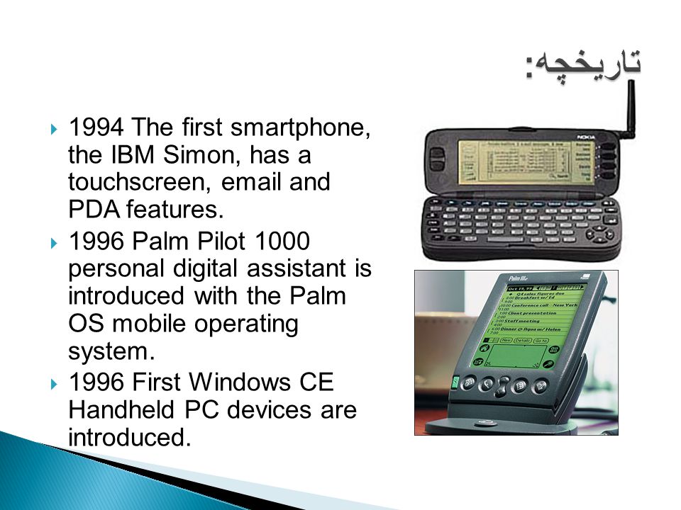  1994 The first smartphone, the IBM Simon, has a touchscreen,  and PDA features.