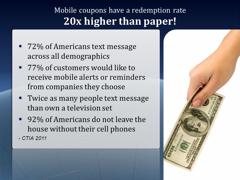 Mobile coupons have a redemption rate 20x higher than paper.