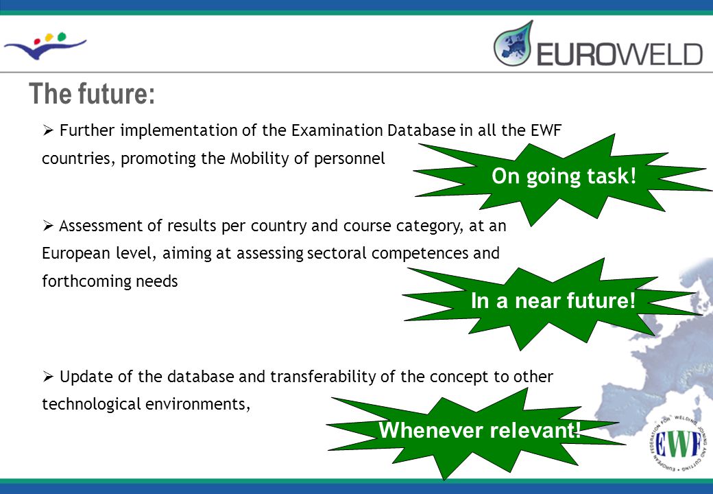 The future:  Further implementation of the Examination Database in all the EWF countries, promoting the Mobility of personnel  Assessment of results per country and course category, at an European level, aiming at assessing sectoral competences and forthcoming needs  Update of the database and transferability of the concept to other technological environments, On going task.