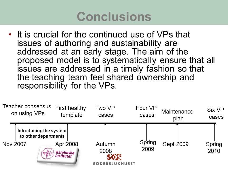Conclusions It is crucial for the continued use of VPs that issues of authoring and sustainability are addressed at an early stage.