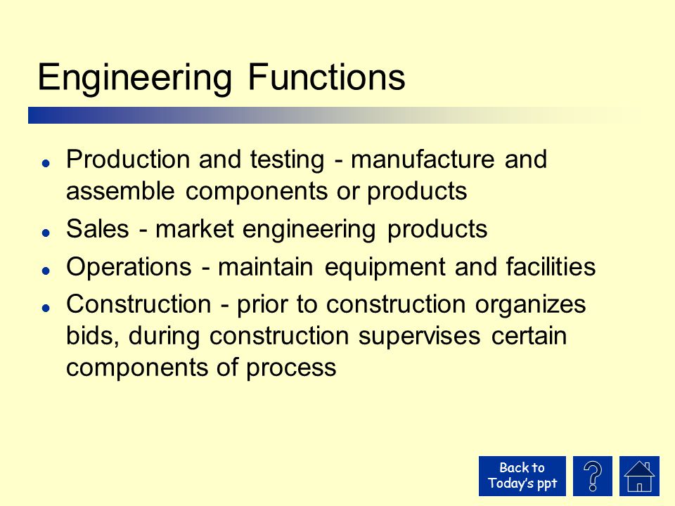 Back to Today’s ppt Engineering Functions l Production and testing - manufacture and assemble components or products l Sales - market engineering products l Operations - maintain equipment and facilities l Construction - prior to construction organizes bids, during construction supervises certain components of process