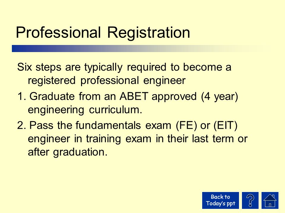 Back to Today’s ppt Professional Registration Six steps are typically required to become a registered professional engineer 1.