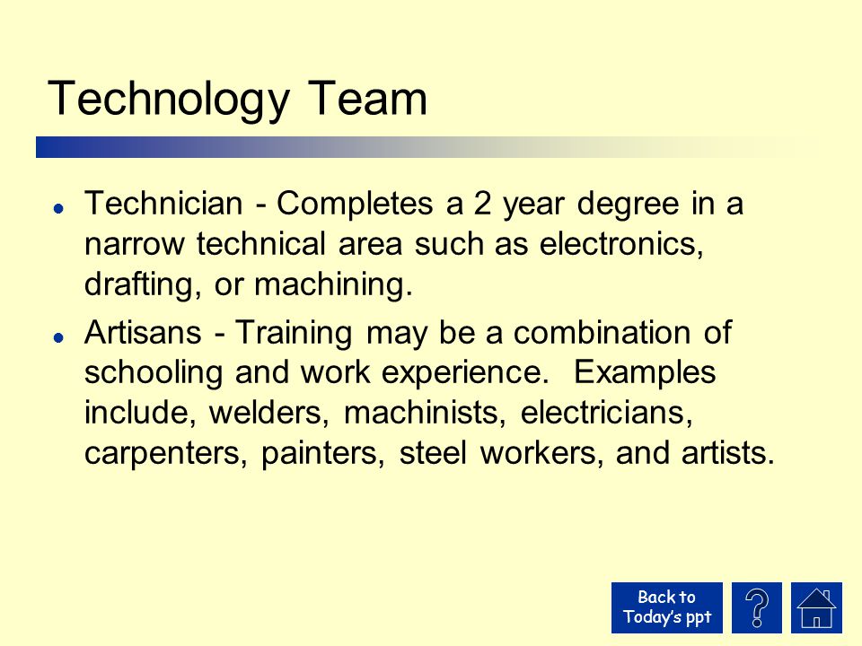 Back to Today’s ppt Technology Team l Technician - Completes a 2 year degree in a narrow technical area such as electronics, drafting, or machining.