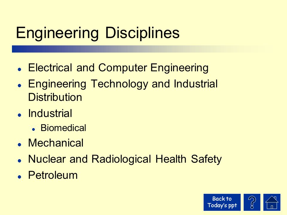 Back to Today’s ppt Engineering Disciplines l Electrical and Computer Engineering l Engineering Technology and Industrial Distribution l Industrial l Biomedical l Mechanical l Nuclear and Radiological Health Safety l Petroleum