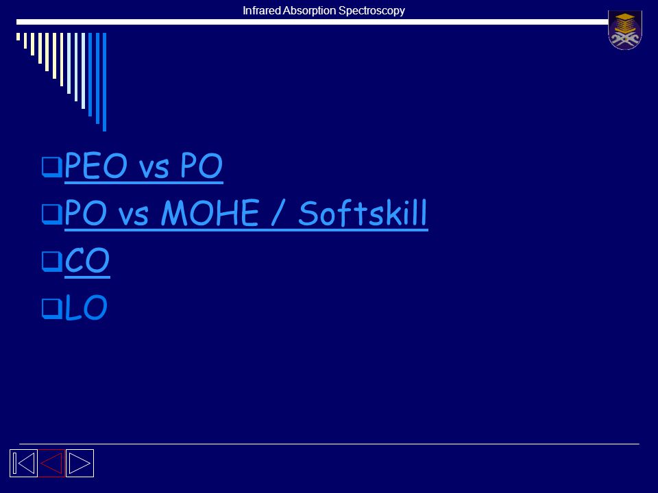 Infrared Absorption Spectroscopy  PEO vs PO PEO vs PO  PO vs MOHE / Softskill PO vs MOHE / Softskill  CO CO  LO