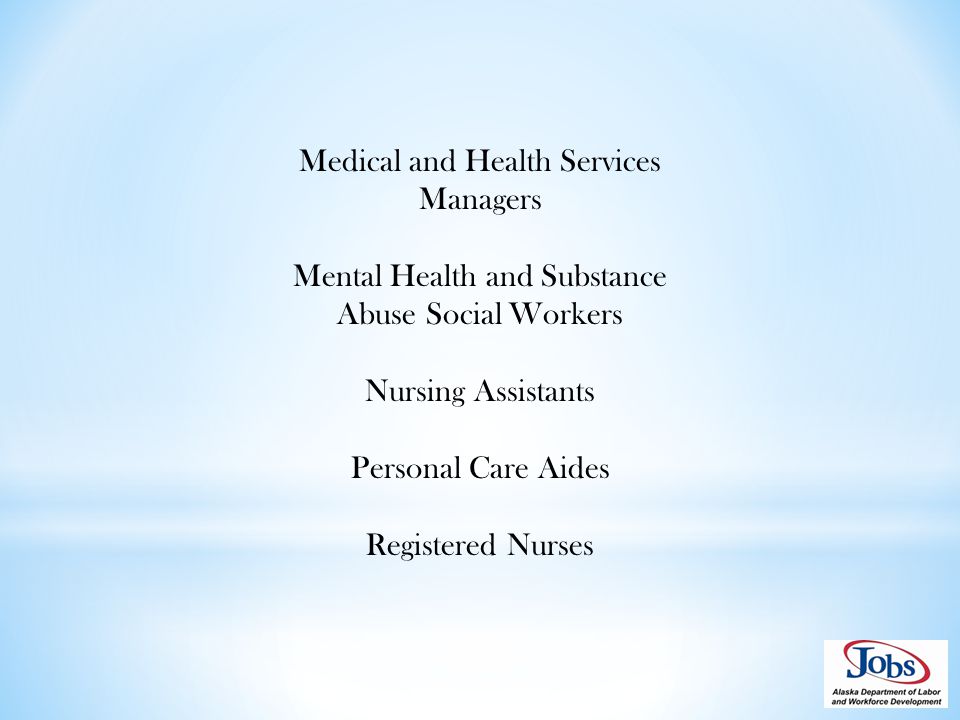 Medical and Health Services Managers Mental Health and Substance Abuse Social Workers Nursing Assistants Personal Care Aides Registered Nurses