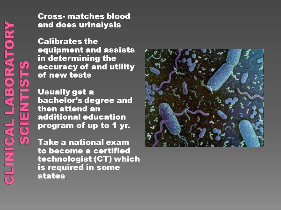 Cross- matches blood and does urinalysis Calibrates the equipment and assists in determining the accuracy of and utility of new tests Usually get a bachelor’s degree and then attend an additional education program of up to 1 yr.