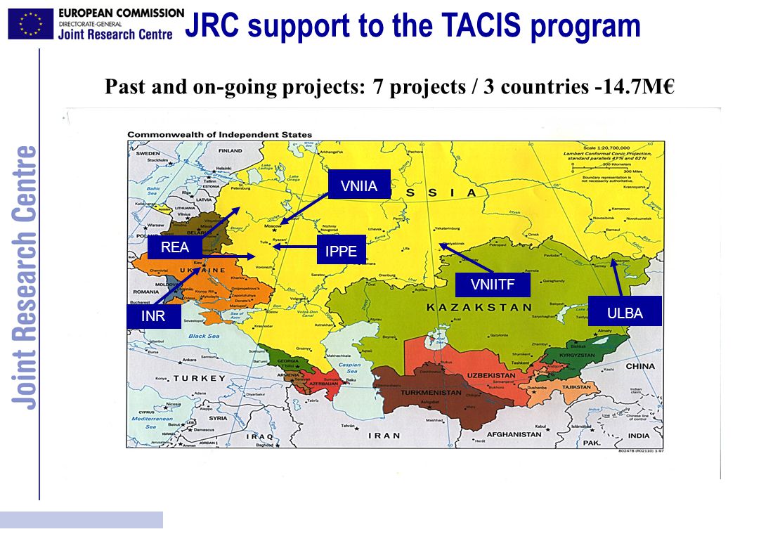 ULBA VNIITF VNIIA IPPE REA INR JRC support to the TACIS program Past and on-going projects: 7 projects / 3 countries -14.7M€