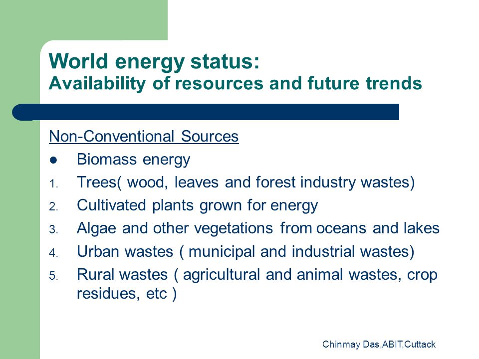 Chinmay Das,ABIT,Cuttack World energy status: Availability of resources and future trends Non-Conventional Sources Biomass energy 1.