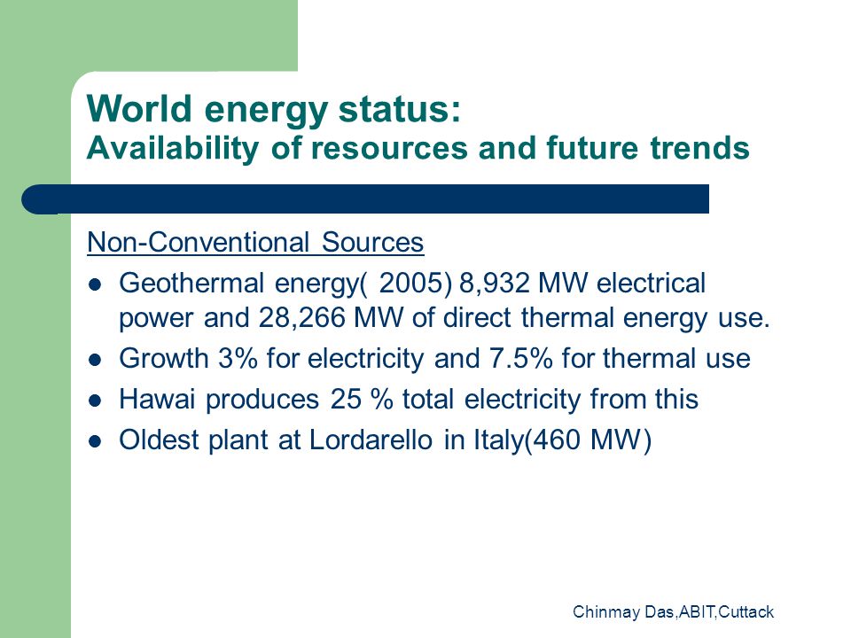 World energy status: Availability of resources and future trends Non-Conventional Sources Geothermal energy( 2005) 8,932 MW electrical power and 28,266 MW of direct thermal energy use.