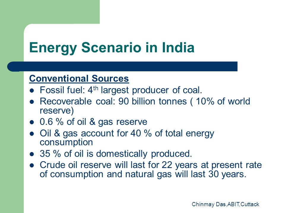 Chinmay Das,ABIT,Cuttack Energy Scenario in India Conventional Sources Fossil fuel: 4 th largest producer of coal.
