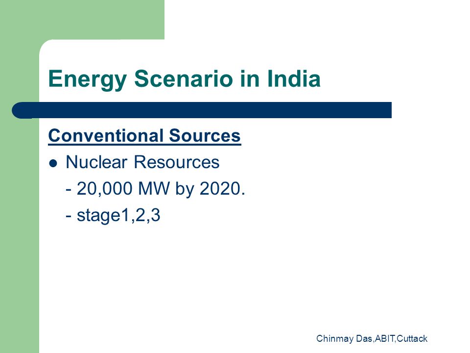 Chinmay Das,ABIT,Cuttack Energy Scenario in India Conventional Sources Nuclear Resources - 20,000 MW by 2020.
