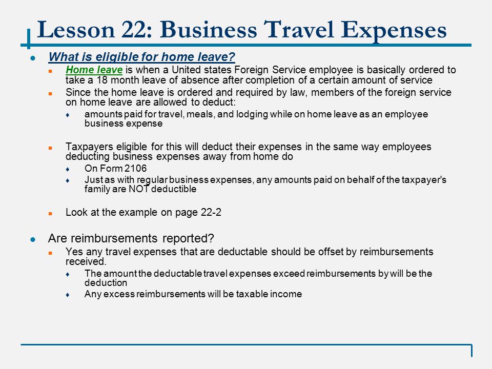 Vita 01 17 09 Lesson 22 Business Travel Expense Winter 2008 Lesson 22 Business Travel Expenses What Is Eligible For Home Leave