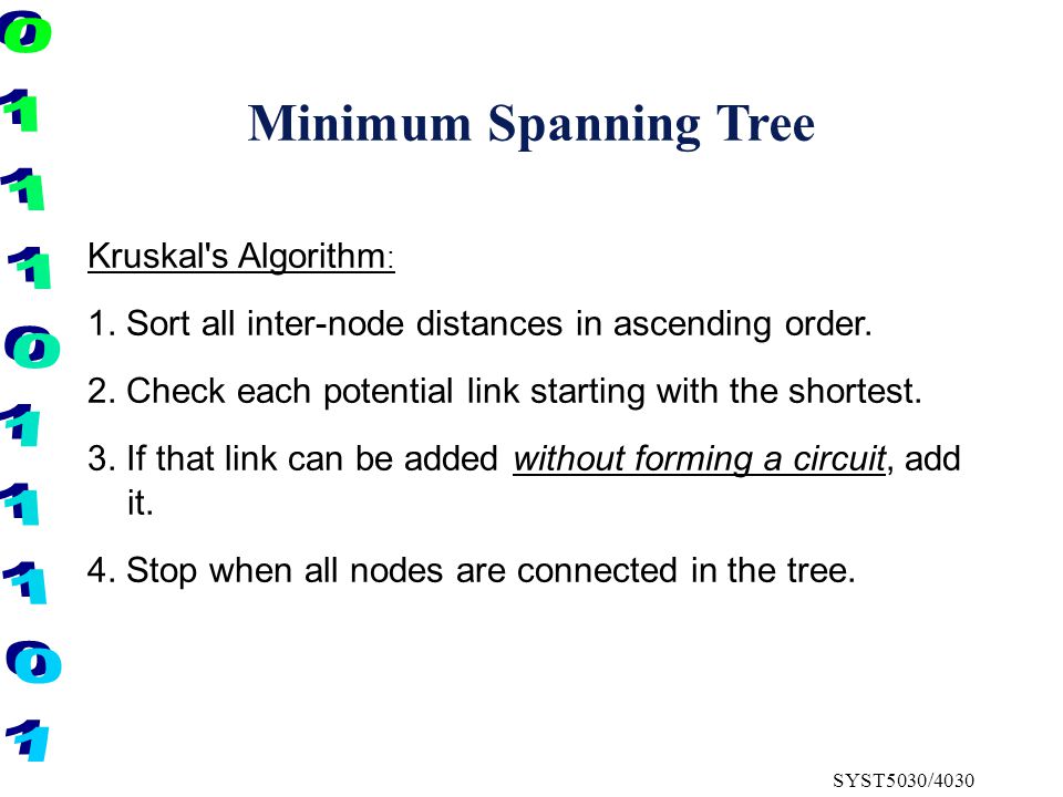 SYST5030/4030 Minimum Spanning Tree Kruskal s Algorithm : 1.