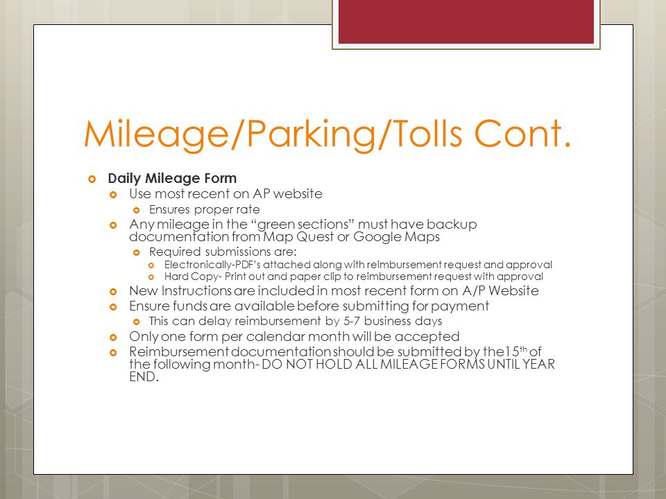 Mileage/Parking/Tolls Cont.